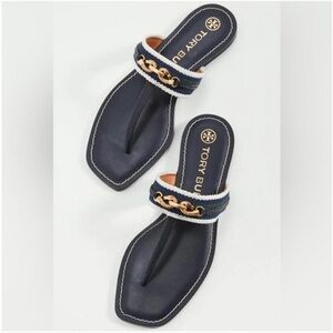 Tory Burch Jess Thong Navy Sandals with Gold Accent